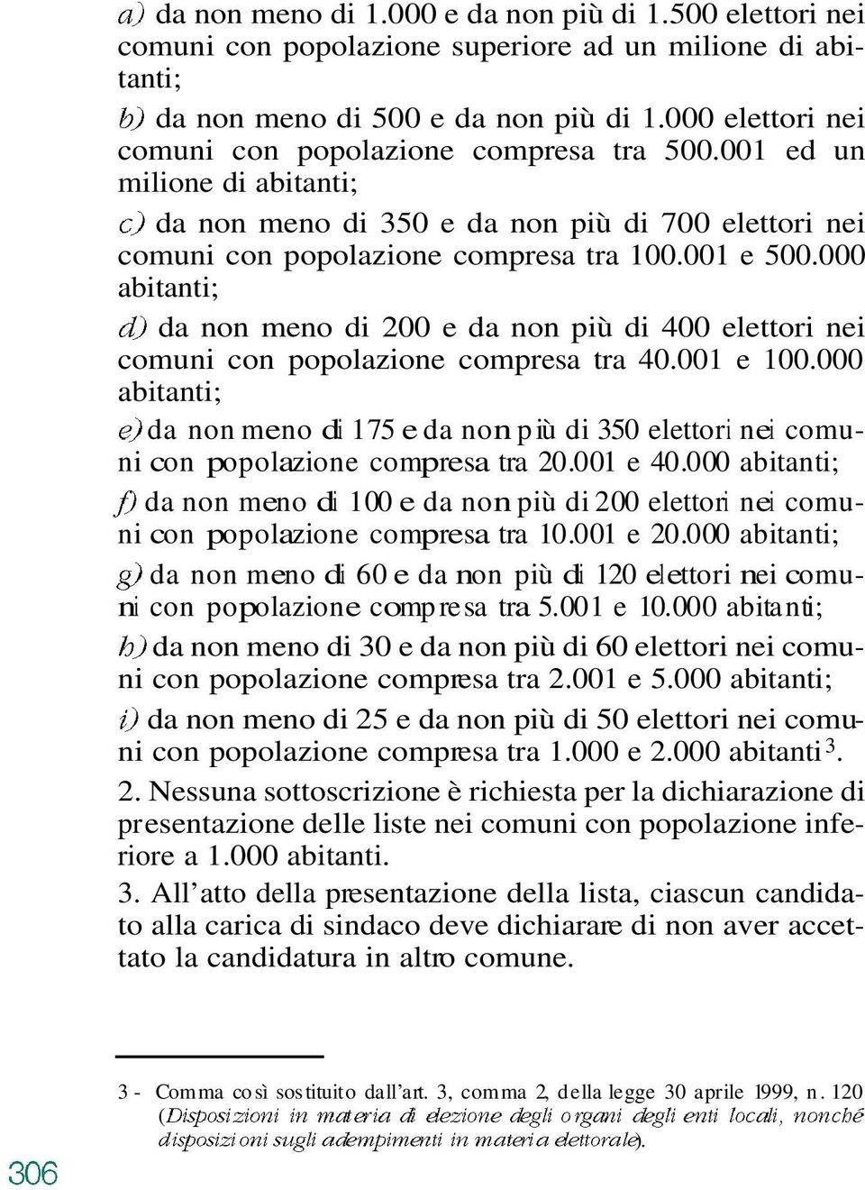 000 abitanti; da non meno di 200 e da non più di 400 elettori nei comuni con popolazione compresa tra 40.001 e 100.