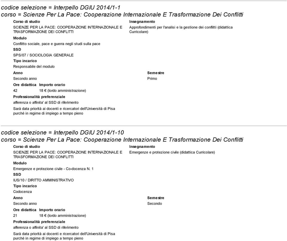 conflitti (didattica Curricolare) codice selezione = Interpello DGIU 2014/1-10 Emergenze e protezione civile