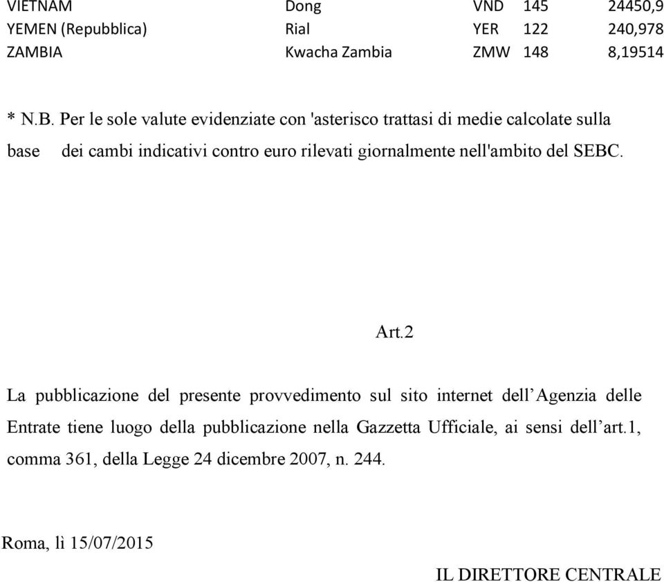 Per le sole valute evidenziate con 'asterisco trattasi di medie calcolate sulla base dei cambi indicativi contro euro rilevati