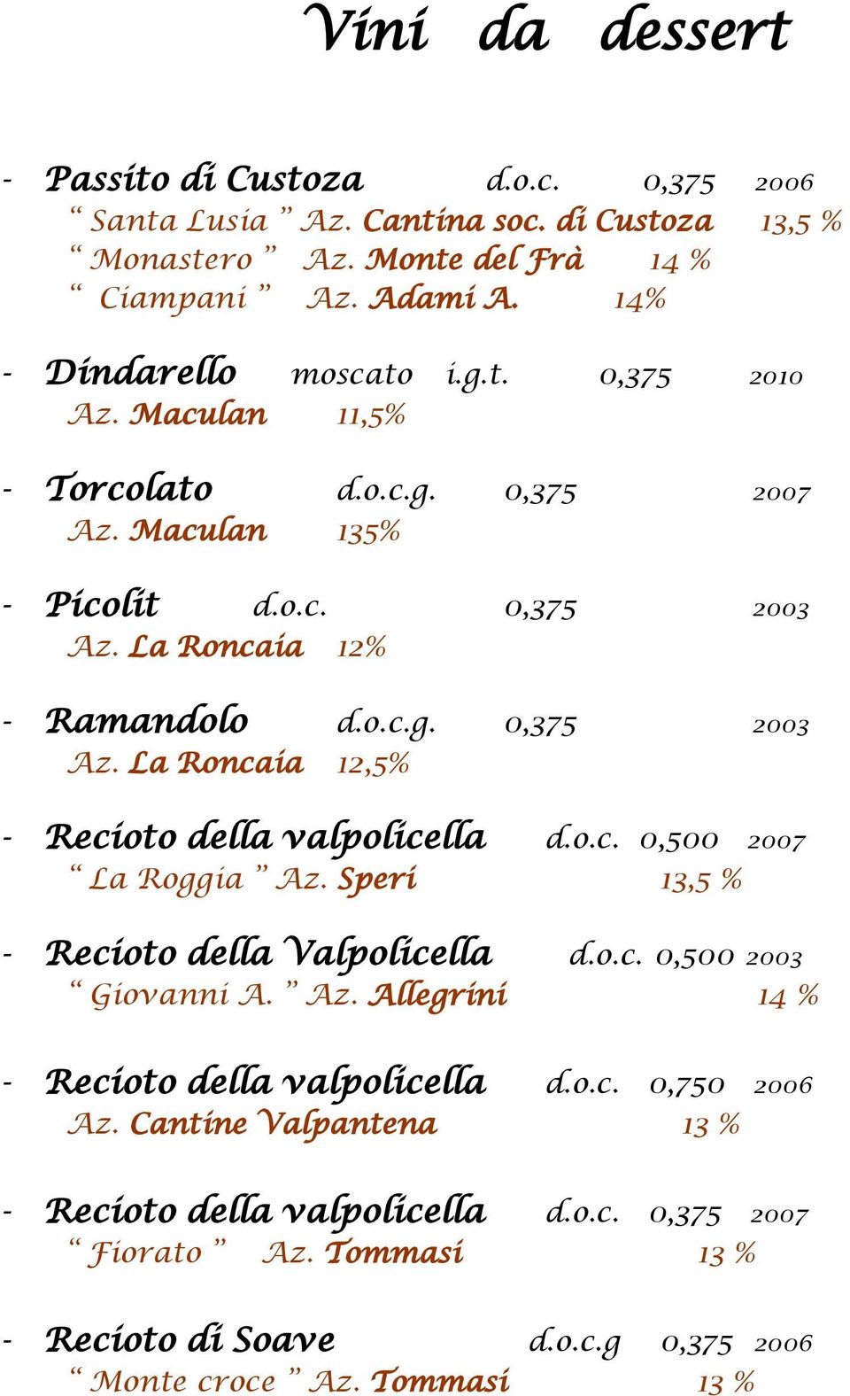 La Roncaia 12% - Ramandolo d.o.c.g. 0,375 2003 Az. La Roncaia 12,5% - Recioto della valpolicella d.o.c. 0,500 2007 La Roggia Az. Speri 13,5 % - Recioto della Valpolicella d.o.c. 0,500 2003 Giovanni A.