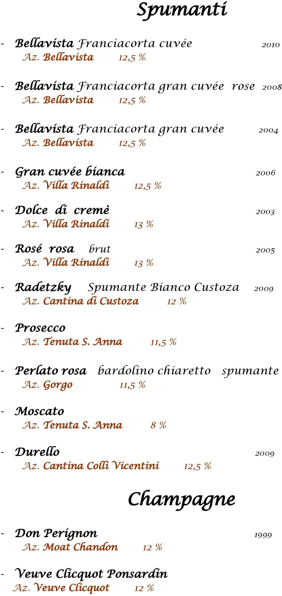 Villa Rinaldi 13 % - Radetzky Spumante Bianco Custoza 2009 Az. Cantina di Custoza 12 % - Prosecco Az. Tenuta S.