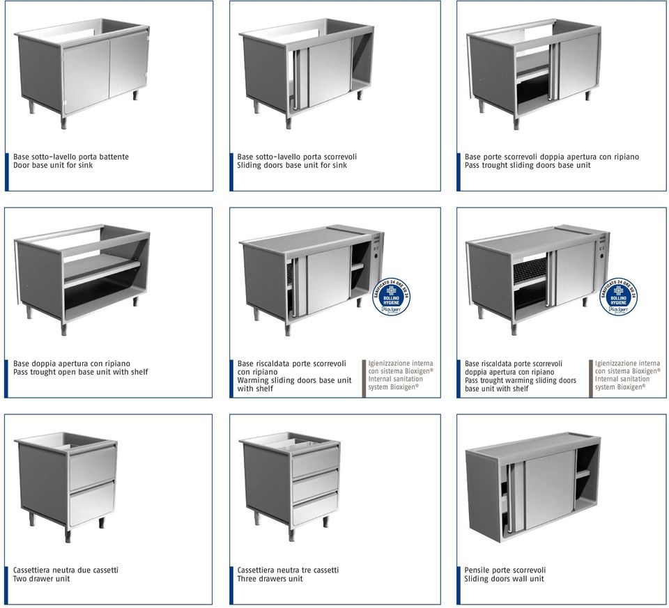 con sistema Bioxigen Internal sanitation system Bioxigen Base riscaldata porte scorrevoli doppia apertura con ripiano Pass trought warming sliding doors base unit with shelf Igienizzazione interna