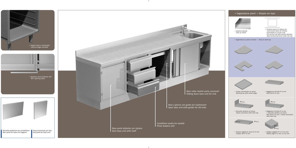 scorrevoli Sliding doors base unit for sink Invaso perimetrale sul piano Working top with raised edges Raggiatura frontale R 10 mm Roll front R 10 mm Base a giorno con guide per Gastronorm Open base