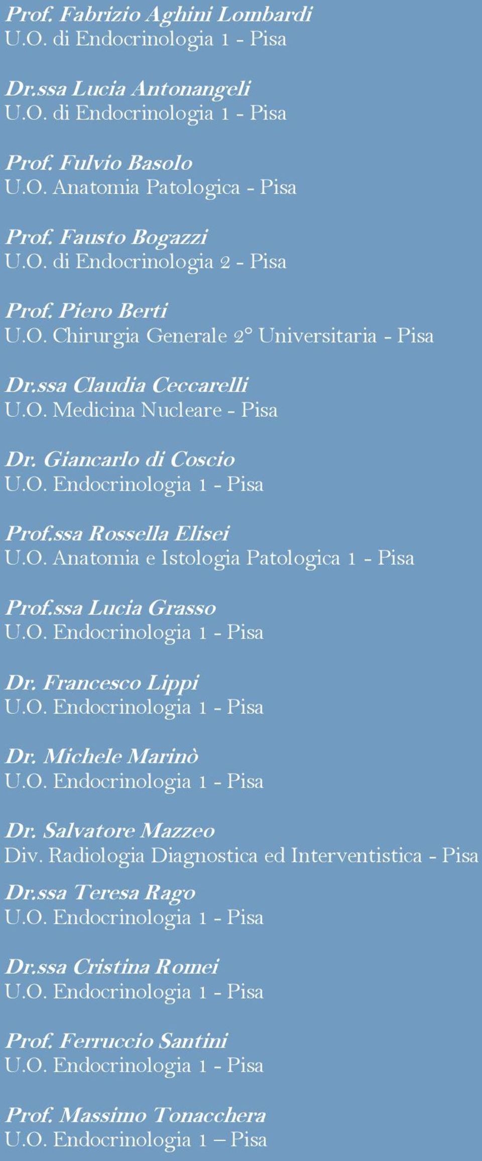 Giancarlo di Coscio Prof.ssa Rossella Elisei U.O. Anatomia e Istologia Patologica 1 - Pisa Prof.ssa Lucia Grasso Dr. Francesco Lippi Dr. Michele Marinò Dr.