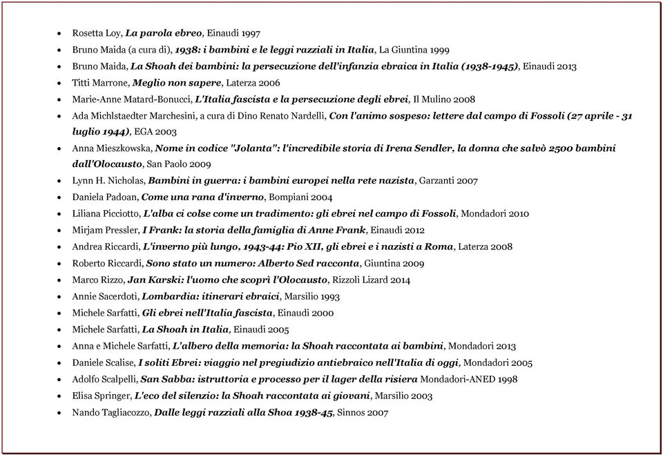 Marchesini, a cura di Dino Renato Nardelli, Con l'animo sospeso: lettere dal campo di Fossoli (27 aprile - 31 luglio 1944), EGA 2003 Anna Mieszkowska, Nome in codice "Jolanta": l'incredibile storia