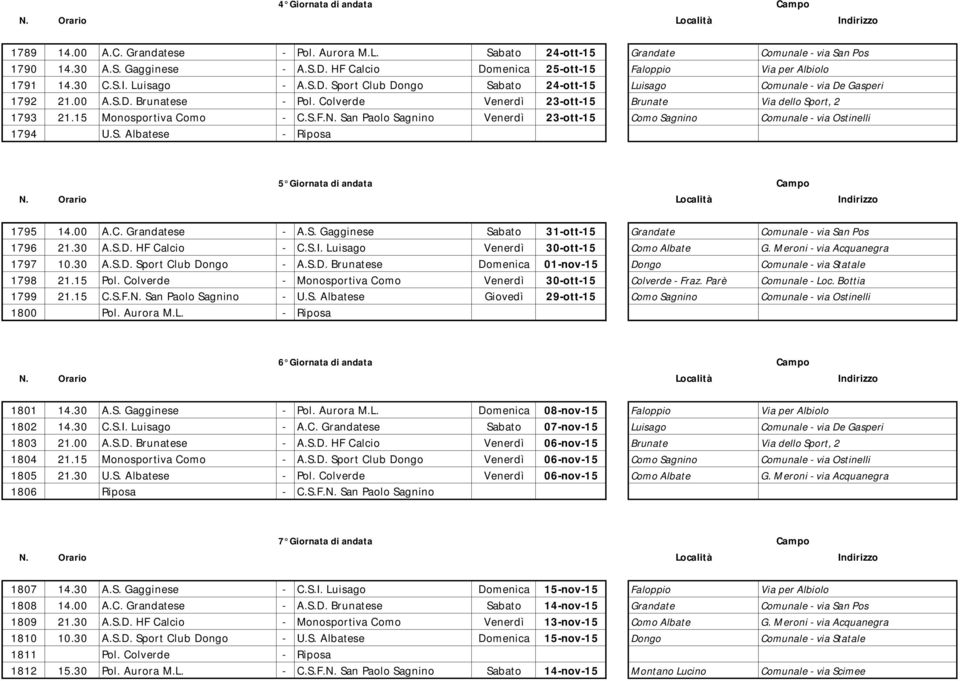 Colverde Venerdì 23-ott-15 Brunate Via dello Sport, 2 1793 21.15 Monosportiva Como - C.S.F.N. San Paolo Sagnino Venerdì 23-ott-15 Como Sagnino Comunale - via Ostinelli 1794 U.S. Albatese - Riposa 5 Giornata di andata 1795 14.