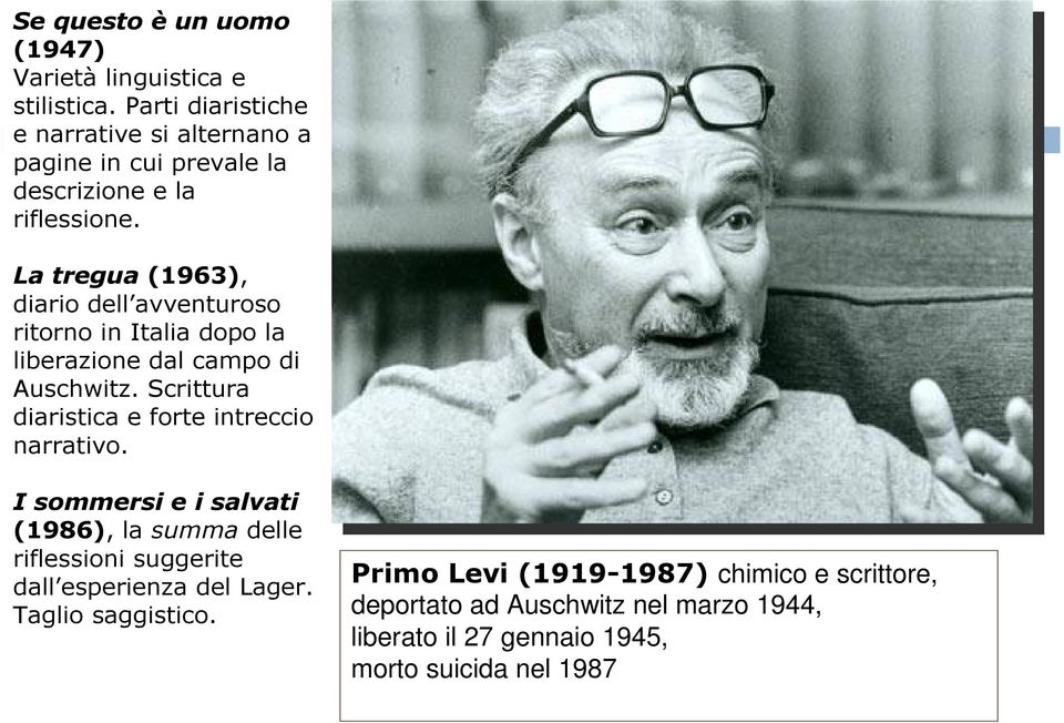 La tregua(1963), diario dell avventuroso ritorno in Italia dopo la liberazione dal campo di Auschwitz.