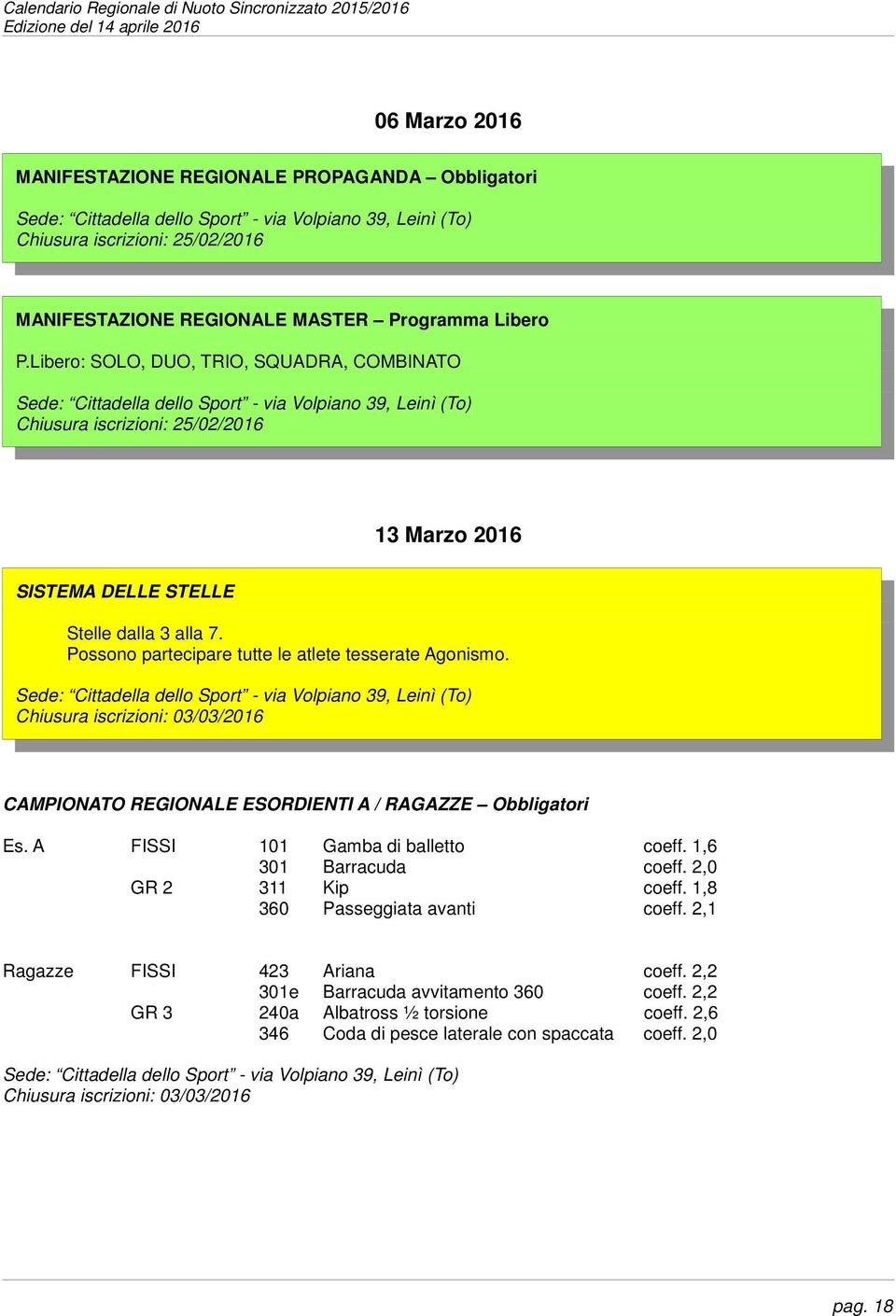 Chiusura iscrizioni: 03/03/2016 CAMPIONATO REGIONALE ESORDIENTI A / RAGAZZE Obbligatori Es. A FISSI 101 Gamba di balletto coeff. 1,6 301 Barracuda coeff. 2,0 GR 2 311 Kip coeff.