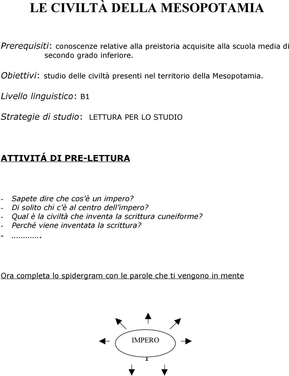 Livello linguistico: B1 Strategie di studio: LETTURA PER LO STUDIO ATTIVITÁ DI PRE-LETTURA - Sapete dire che cos è un impero?