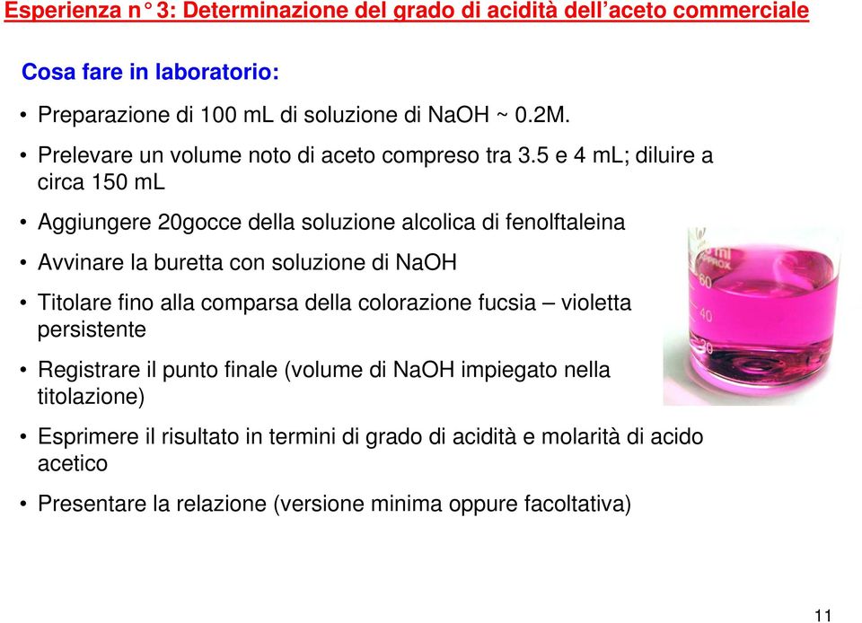 5 e 4 ml; diluire a circa 150 ml Aggiungere 20gocce della soluzione alcolica di fenolftaleina Avvinare la buretta con soluzione di NaOH Titolare fino alla