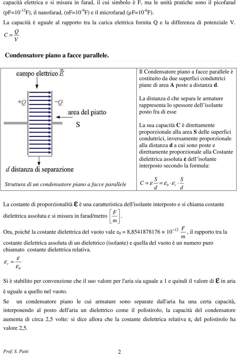 Il ondensatore piano a facce parallele è costituito da due superfici conduttrici piane di area A poste a distanza d.