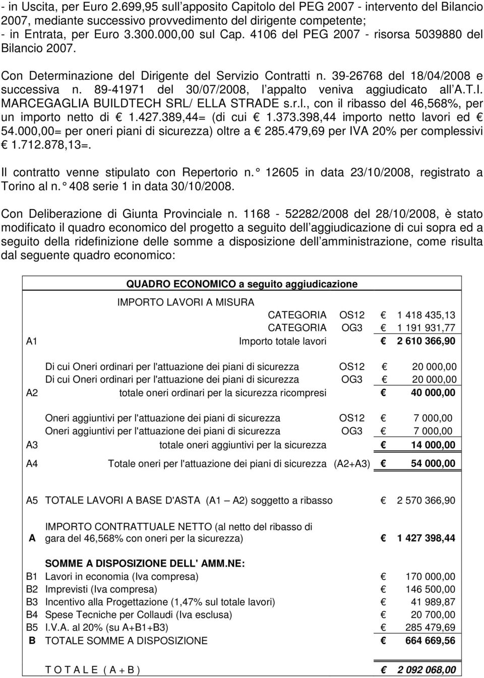 89-41971 del 30/07/2008, l appalto veniva aggiudicato all A.T.I. MARCEGAGLIA BUILDTECH SRL/ ELLA STRADE s.r.l., con il ribasso del 46,568%, per un importo netto di 1.427.389,44= (di cui 1.373.