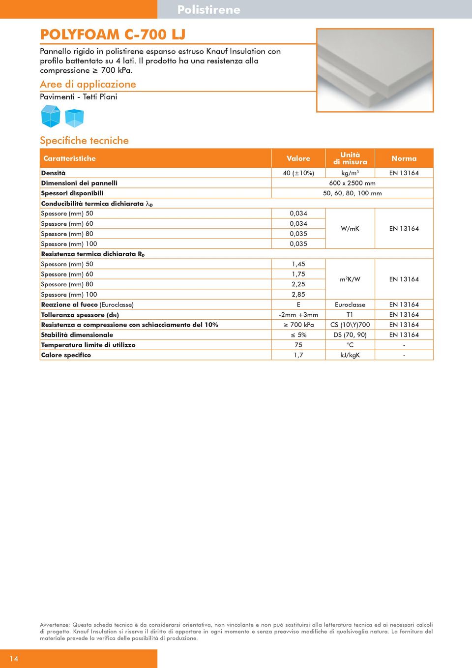 Conducibilità termica dichiarata λ D Spessore () 50 0,034 Spessore () 60 0,034 Spessore () 80 0,035 Spessore () 100 0,035 W/mK Resistenza termica dichiarata R D Spessore () 50 1,45 Spessore () 60