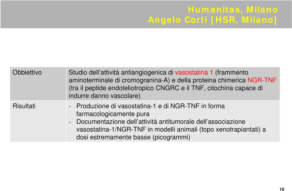 di indurre danno vascolare) Risultati - Produzione di vasostatina-1 e di NGR-TNF in forma farmacologicamente pura - Documentazione