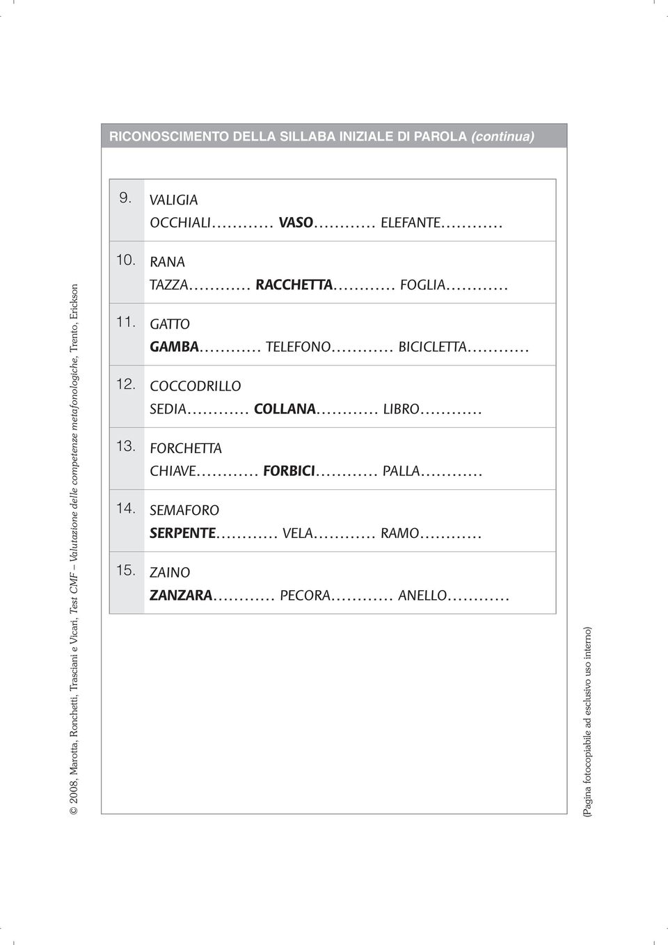 GATTO GAMBA TELEFONO BICICLETTA 12. COCCODRILLO SEDIA COLLANA LIBRO 13.