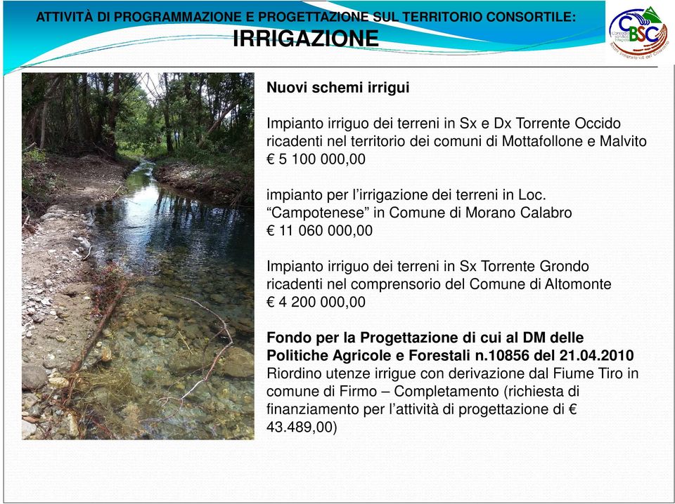 Campotenese in Comune di Morano Calabro 11 060 000,00 Impianto irriguo dei terreni in Sx Torrente Grondo ricadenti nel comprensorio del Comune di Altomonte 4 200 000,00 Fondo