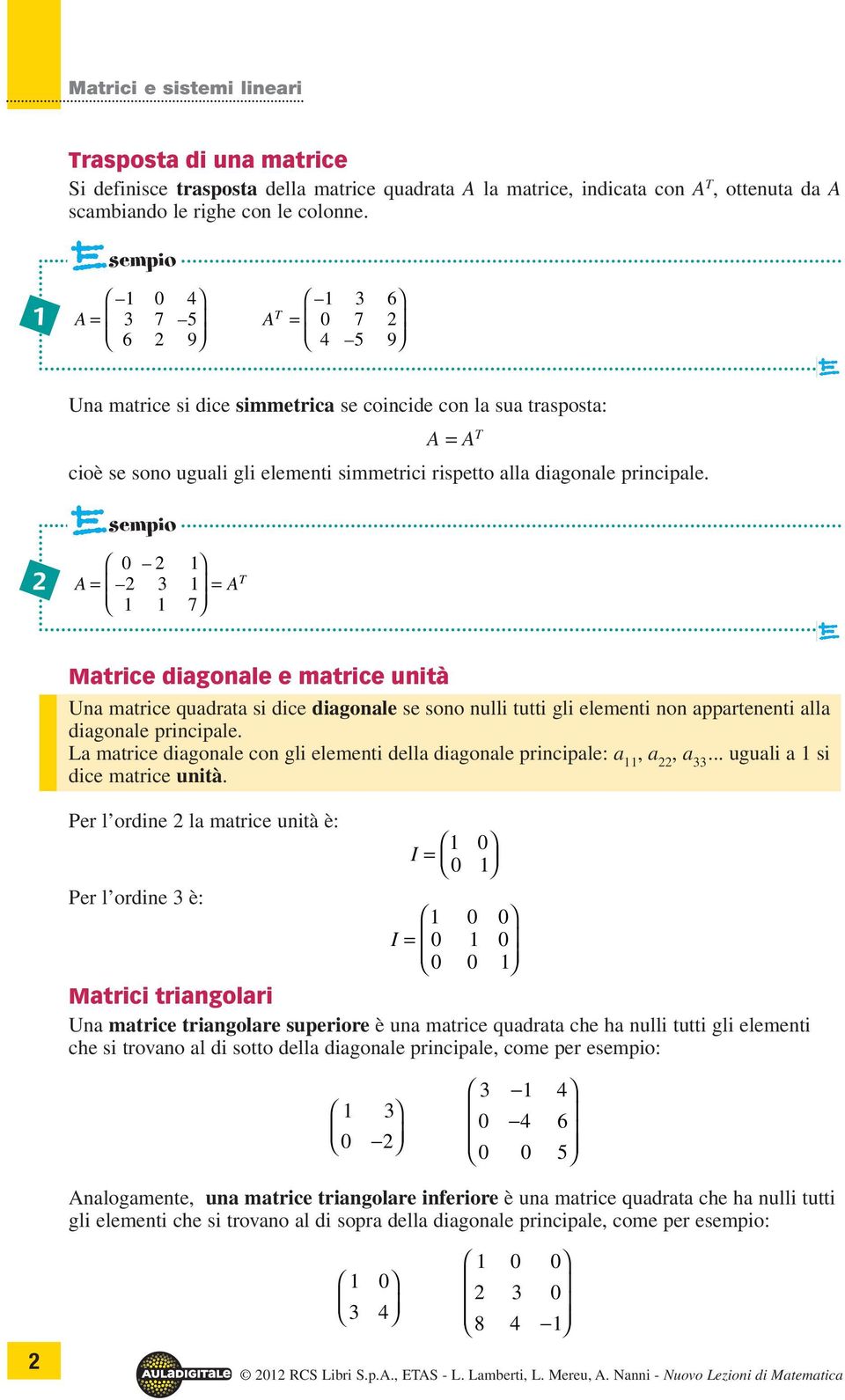 sempio A= = 7 A T Mtrice digonle e mtrice unità Un mtrice qudrt si dice digonle se sono nulli tutti gli elementi non pprtenenti ll digonle principle.