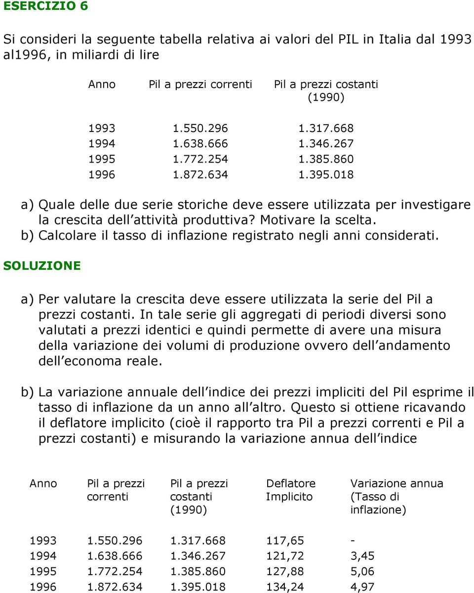 Motivare la scelta. b) Calcolare il tasso di inflazione registrato negli anni considerati. SOLUZIONE a) Per valutare la crescita deve essere utilizzata la serie del Pil a prezzi costanti.