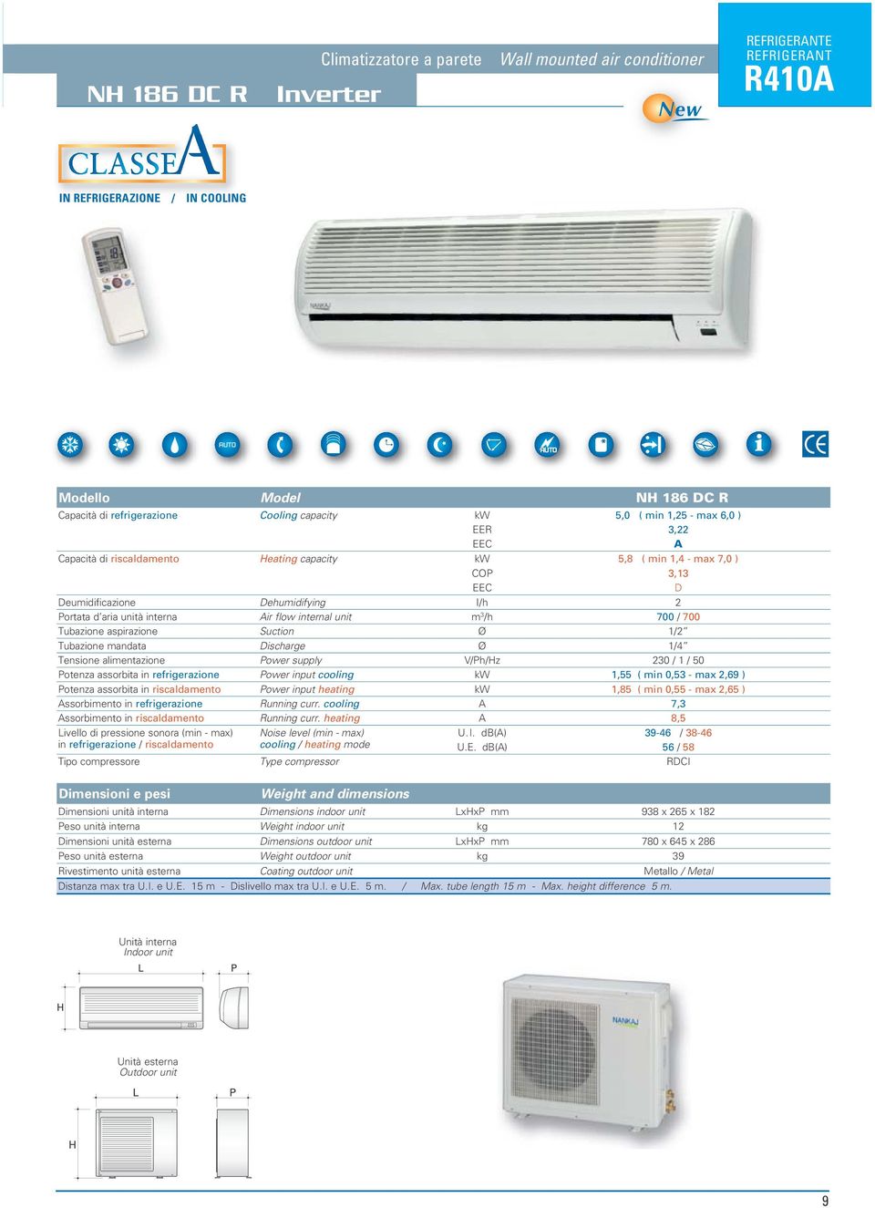 Tubazione mandata Discharge Ø 1/4 Tensione alimentazione ower supply V/h/z 230 / 1 / 50 otenza assorbita in refrigerazione ower input cooling kw 1,55 ( min 0,53 - max 2,69 ) otenza assorbita in