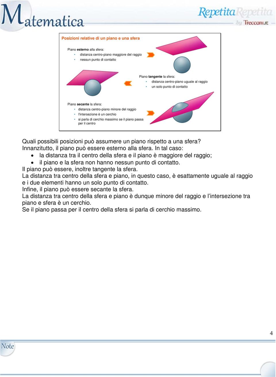 posizioni può assumere un piano rispetto a una sfera? Innanzitutto, il piano può essere esterno alla sfera.