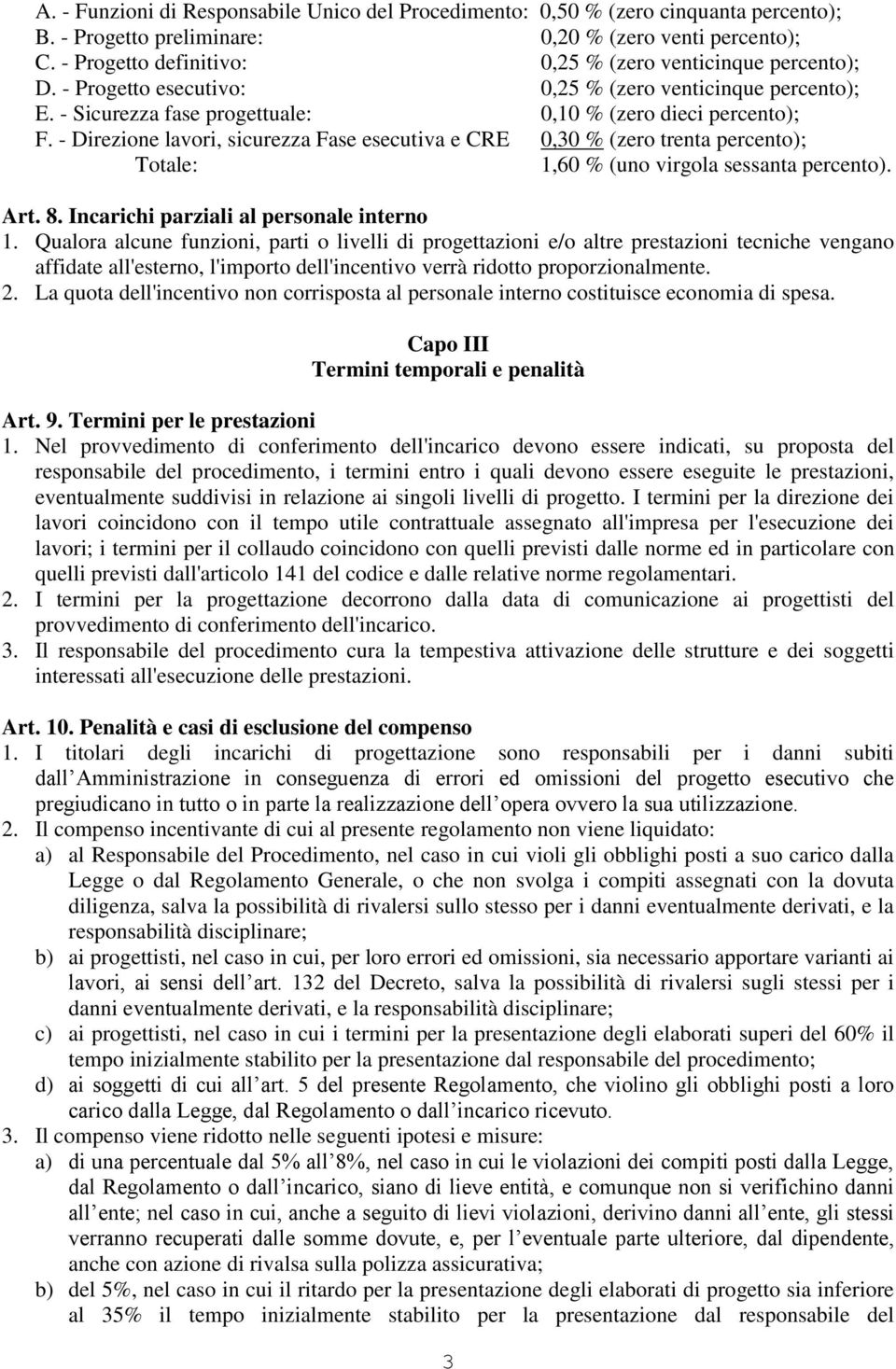 - Direzione lavori, sicurezza Fase esecutiva e CRE 0,30 % (zero trenta percento); Totale: 1,60 % (uno virgola sessanta percento). Art. 8. Incarichi parziali al personale interno 1.