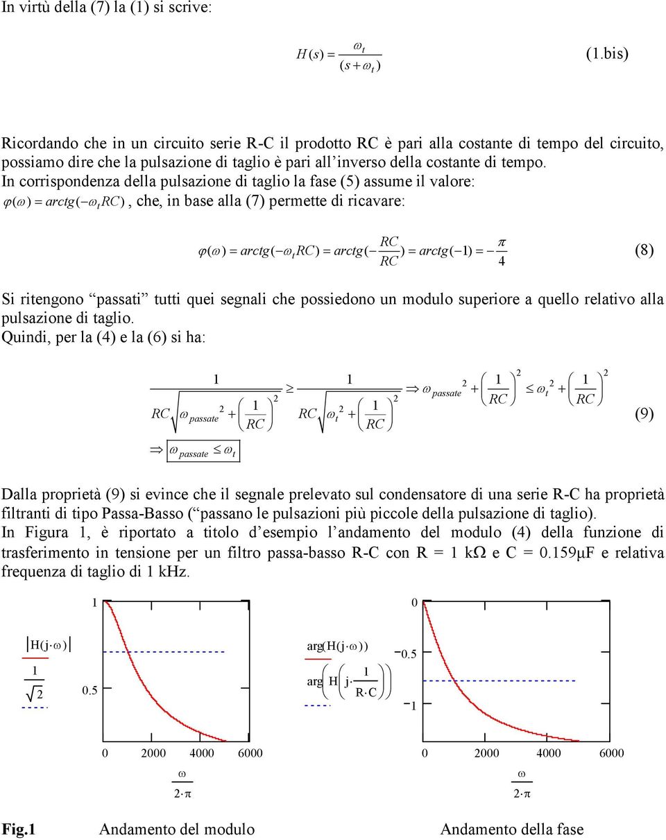 In corrispondenza della pulsazione di aglio la fase (5) assume il valore: arcg C, che, in base alla (7) permee di ricavare: ()() C ()()()( arcg ) C arcg arcg (8) C 4 Si riengono passai ui quei