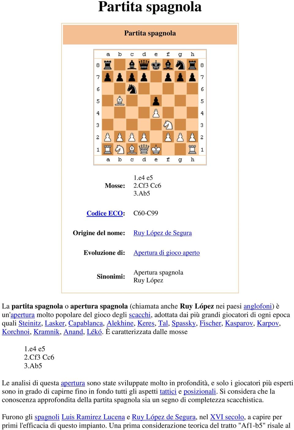 López nei paesi anglofoni) è un'apertura molto popolare del gioco degli scacchi, adottata dai più grandi giocatori di ogni epoca quali Steinitz, Lasker, Capablanca, Alekhine, Keres, Tal, Spassky,