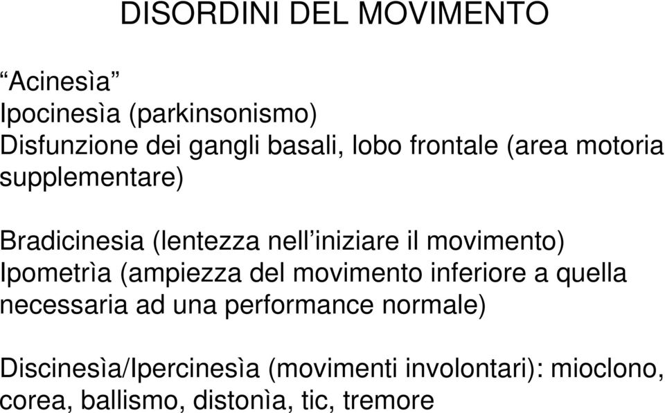 Ipometrìa (ampiezza del movimento inferiore a quella necessaria ad una performance normale)