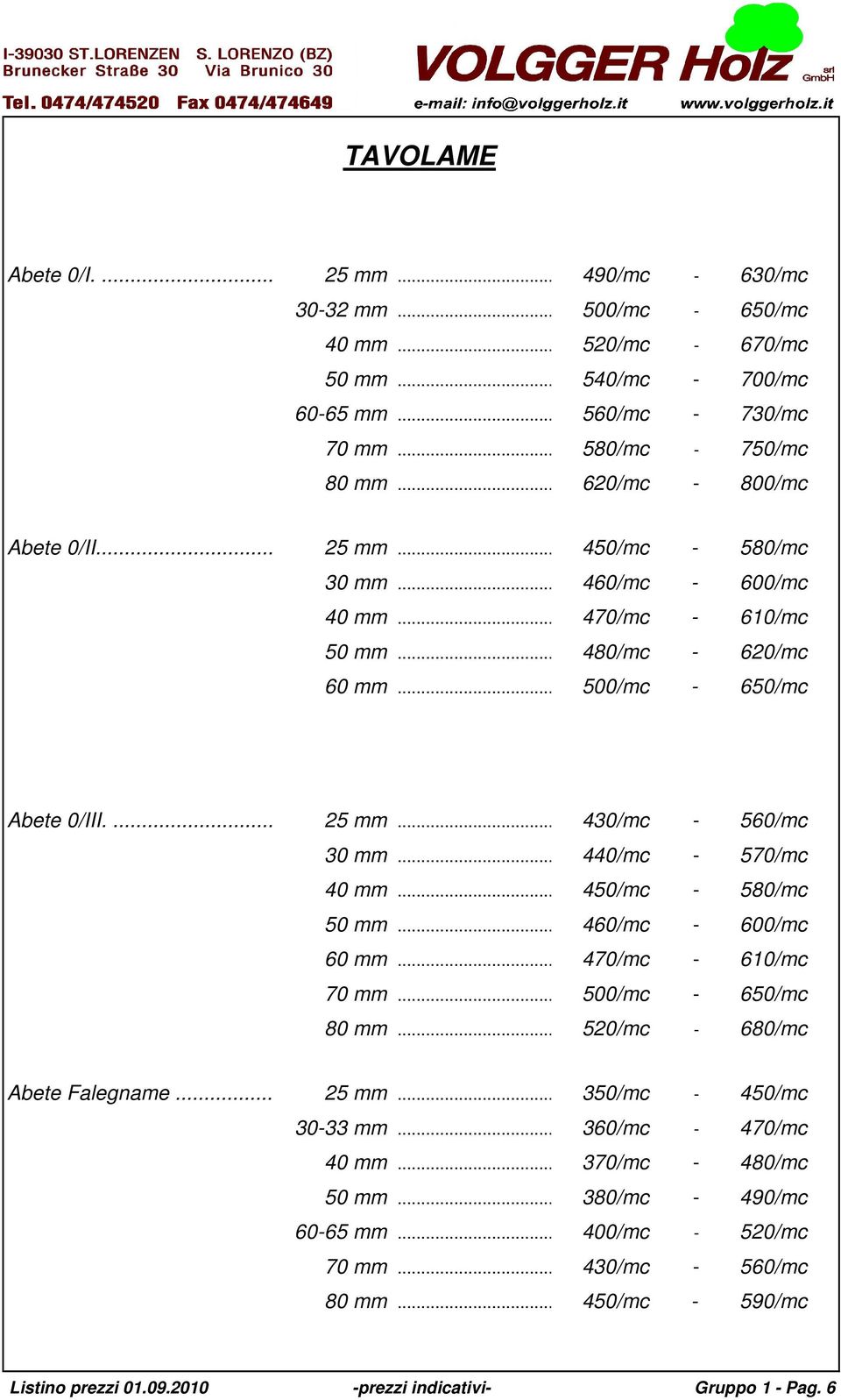 .. 440/mc - 570/mc 40 mm... 450/mc - 580/mc 50 mm... 460/mc - 600/mc 60 mm... 470/mc - 610/mc 70 mm... 500/mc - 650/mc 80 mm... 520/mc - 680/mc Abete Falegname... 25 mm... 350/mc - 450/mc 30-33 mm.