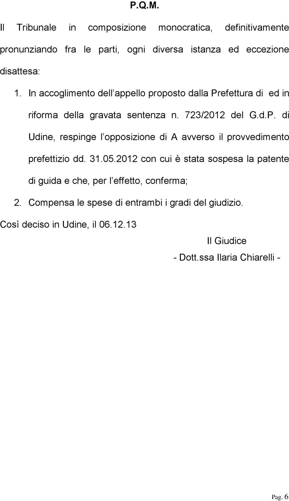 31.05.2012 con cui è stata sospesa la patente di guida e che, per l effetto, conferma; 2.