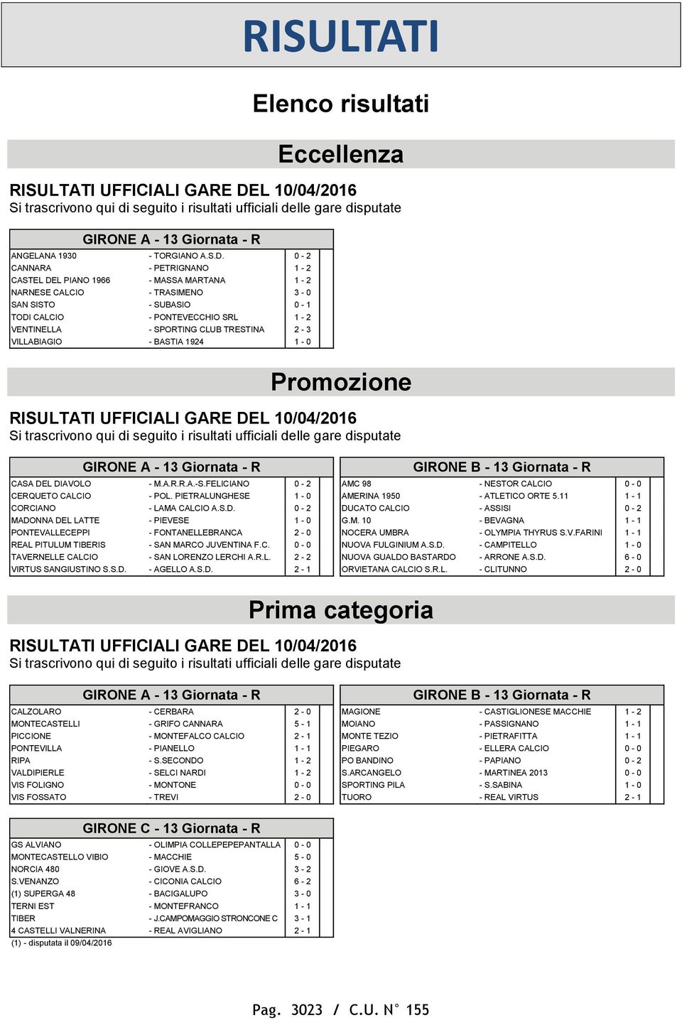 0-2 CANNARA - PETRIGNANO 1-2 CASTEL DEL PIANO 1966 - MASSA MARTANA 1-2 NARNESE CALCIO - TRASIMENO 3-0 SAN SISTO - SUBASIO 0-1 TODI CALCIO - PONTEVECCHIO SRL 1-2 VENTINELLA - SPORTING CLUB TRESTINA