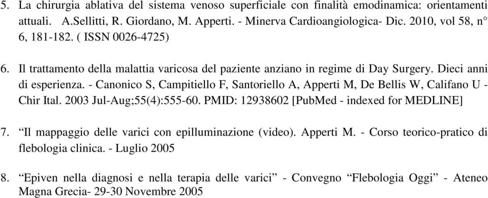 - Canonico S, Campitiello F, Santoriello A, Apperti M, De Bellis W, Califano U - Chir Ital. 2003 Jul-Aug;55(4):555-60. PMID: 12938602 [PubMed - indexed for MEDLINE] 7.