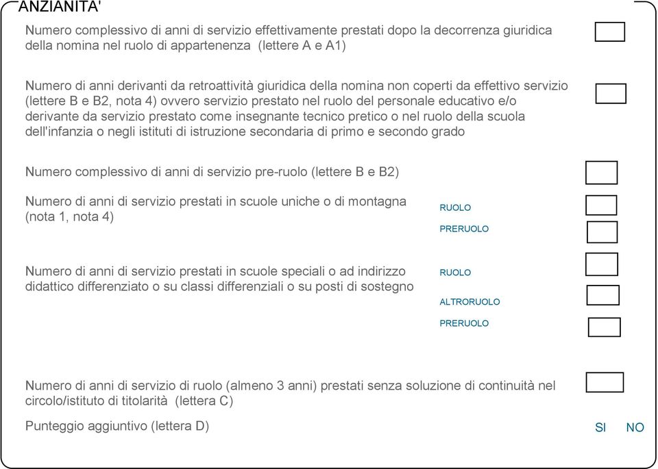 insegnante tecnico pretico o nel ruolo della scuola dell'infanzia o negli istituti di istruzione secondaria di primo e secondo grado Numero complessivo di anni di servizio pre-ruolo (lettere B e B2)