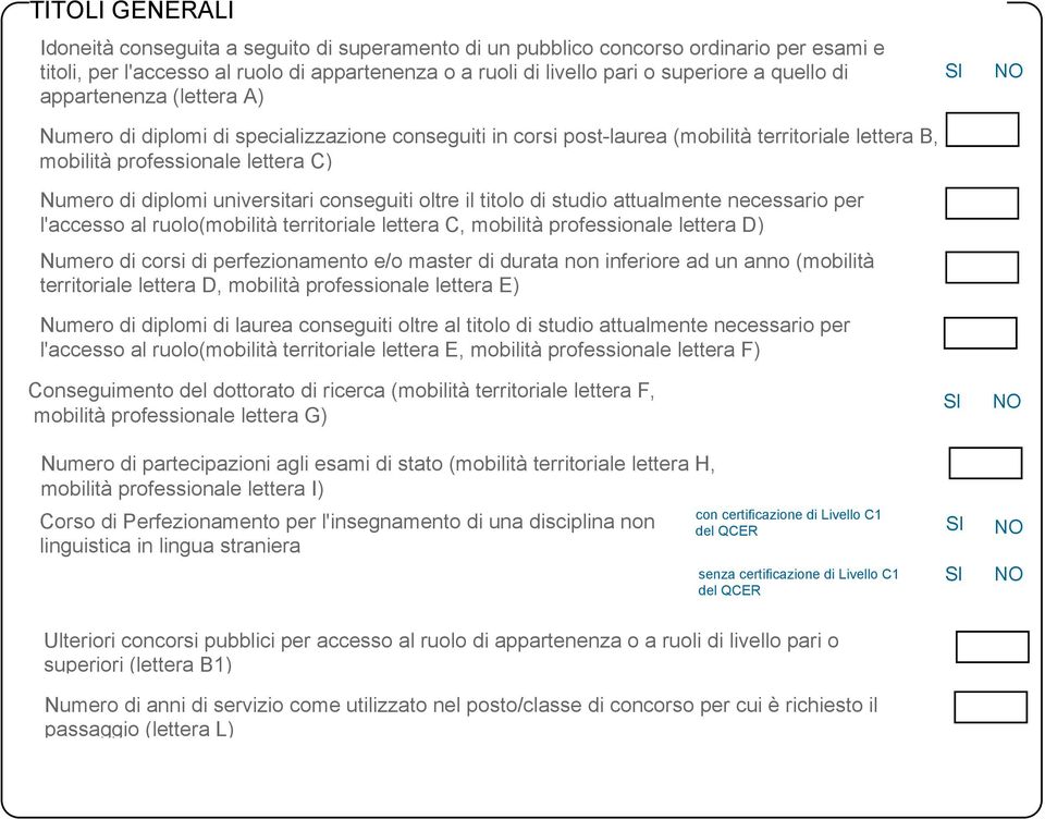 universitari conseguiti oltre il titolo di studio attualmente necessario per l'accesso al ruolo(mobilità territoriale lettera C, mobilità professionale lettera D) Numero di corsi di perfezionamento