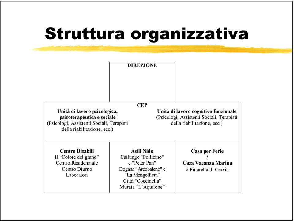 ) CEP Unità di lavoro cognitivo funzionale (Psicologi, Assistenti Sociali, Terapisti ) Centro Disabili Il Colore del grano Centro