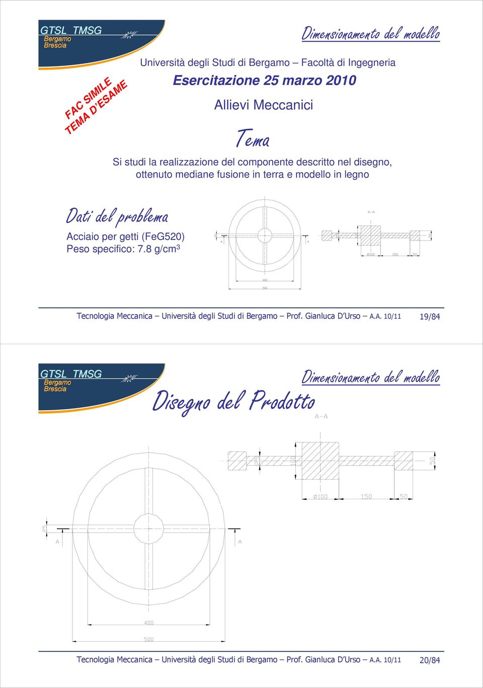 del problema Acciaio per getti (FeG50) Peso specifico: 7.8 g/cm Tecnologia Meccanica Università degli Studi di Prof. Gianluca D Urso A.A. 10/11 19/8 Dimensionamento del modello Disegno del Prodotto Tecnologia Meccanica Università degli Studi di Prof.