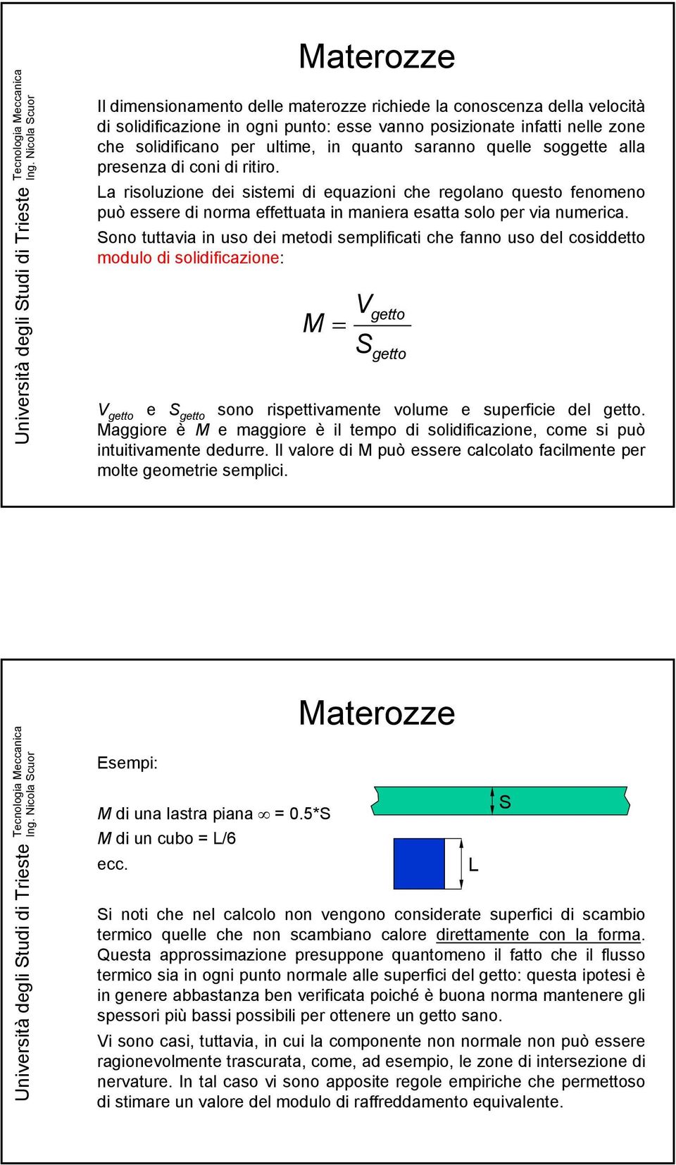 Sono tuttavia in uso dei metodi semplificati che fanno uso del cosiddetto modulo di solidificazione: V M = S getto getto V getto e S getto sono rispettivamente volume e superficie del getto.