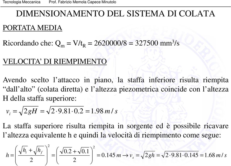 della staffa superiore: v i = 2 gh = 2 9.81 0.2 = 1.