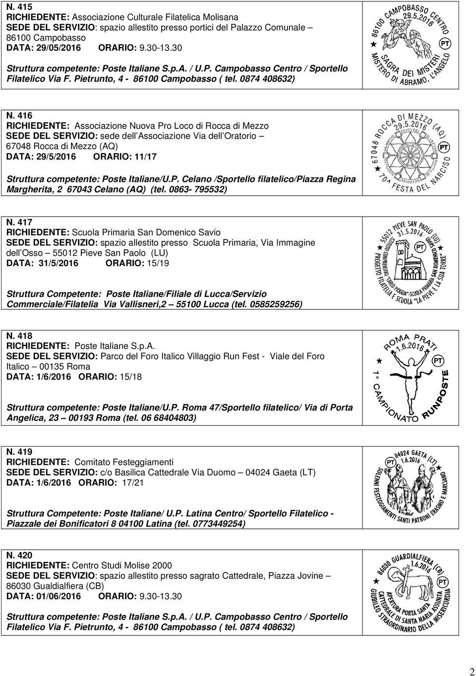 416 RICHIEDENTE: Associazione Nuova Pro Loco di Rocca di Mezzo SEDE DEL SERVIZIO: sede dell Associazione Via dell Oratorio 67048 Rocca di Mezzo (AQ) DATA: 29/5/2016 ORARIO: 11/17 Struttura