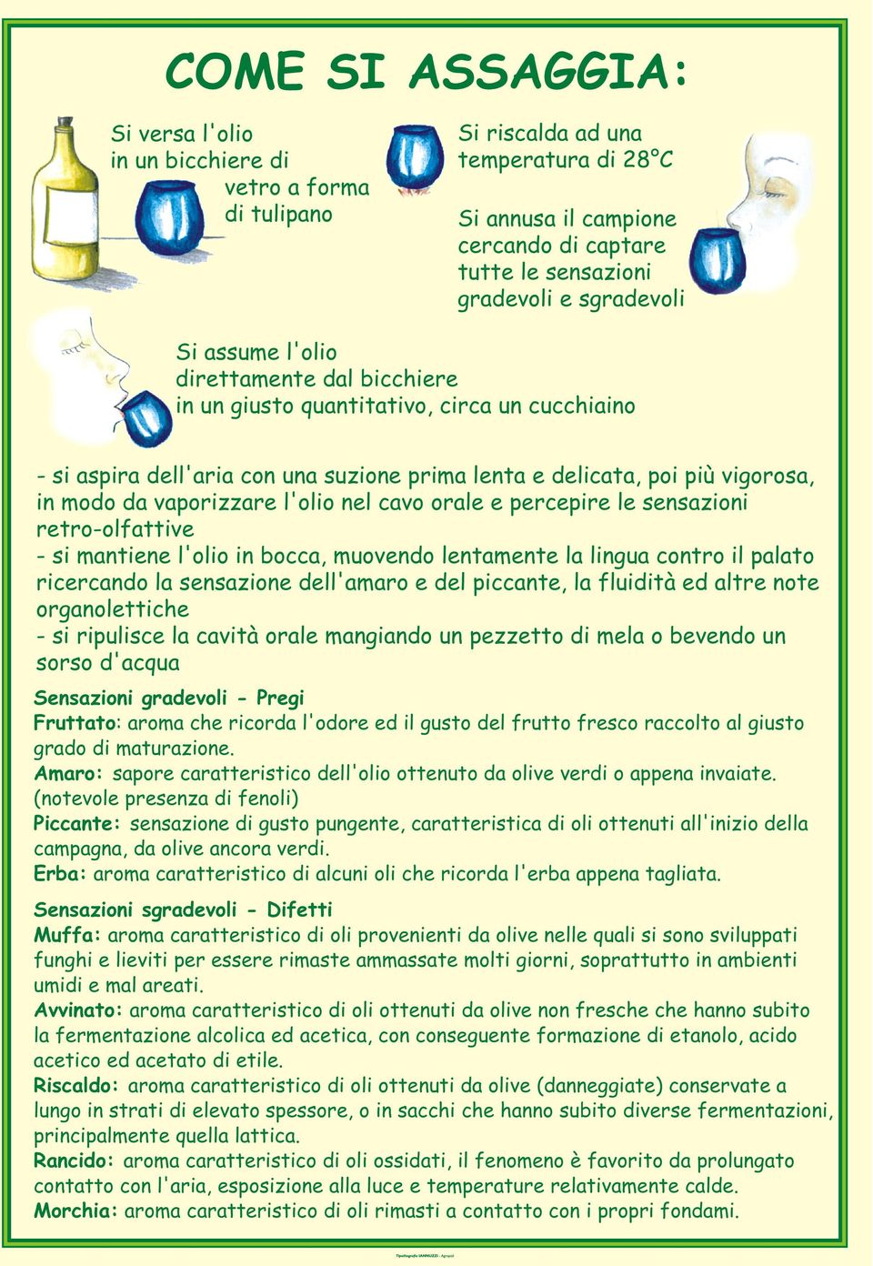 vaporizzare l'olio nel cavo orale e percepire le sensazioni retro-olfattive - si mantiene l'olio in bocca, muovendo lentamente la lingua contro il palato ricercando la sensazione dell'amaro e del