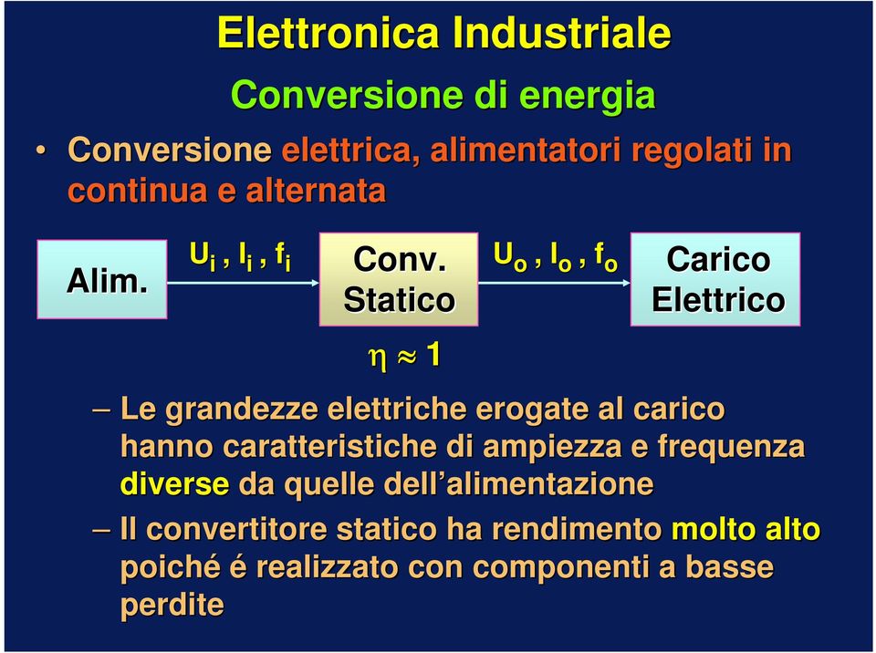 Statico η 1 Carico Elettrico Le grandezze elettriche erogate al carico hanno caratteristiche di