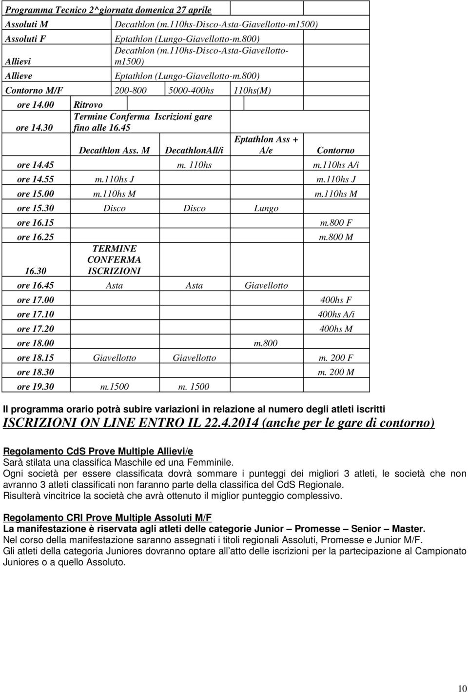 45 Decathlon Ass. M DecathlonAll/i Eptathlon Ass + A/e Contorno ore 14.45 m. 110hs m.110hs A/i ore 14.55 m.110hs J m.110hs J ore 15.00 m.110hs M m.110hs M ore 15.30 Disco Disco Lungo ore 16.15 ore 16.