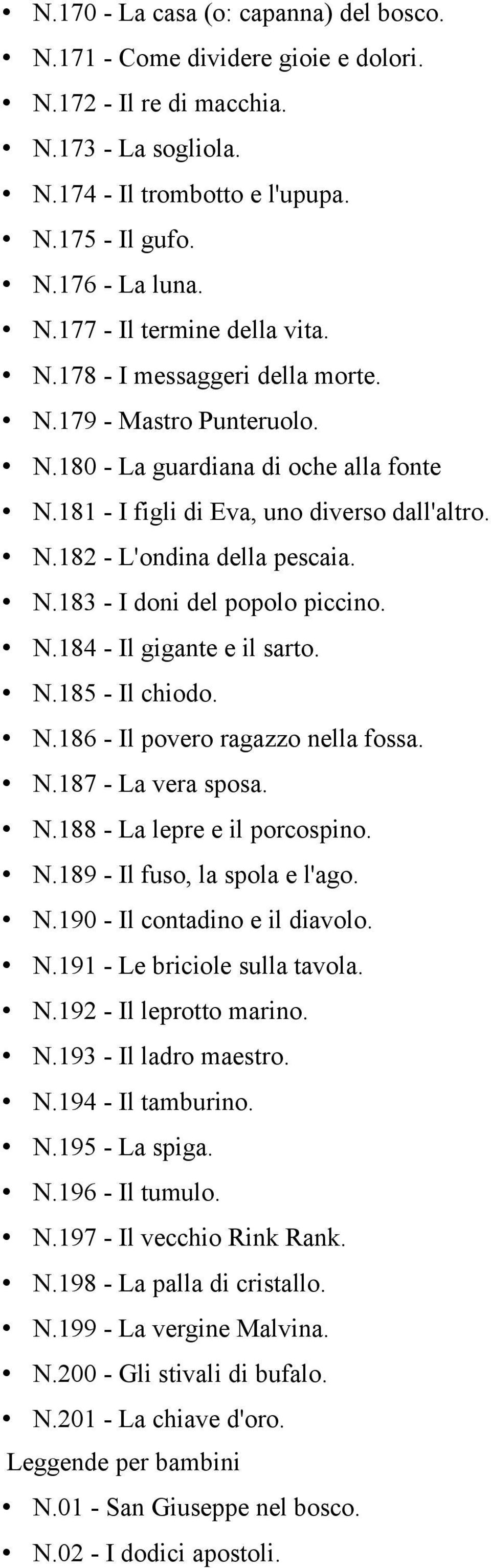 N.184 - Il gigante e il sarto. N.185 - Il chiodo. N.186 - Il povero ragazzo nella fossa. N.187 - La vera sposa. N.188 - La lepre e il porcospino. N.189 - Il fuso, la spola e l'ago. N.190 - Il contadino e il diavolo.