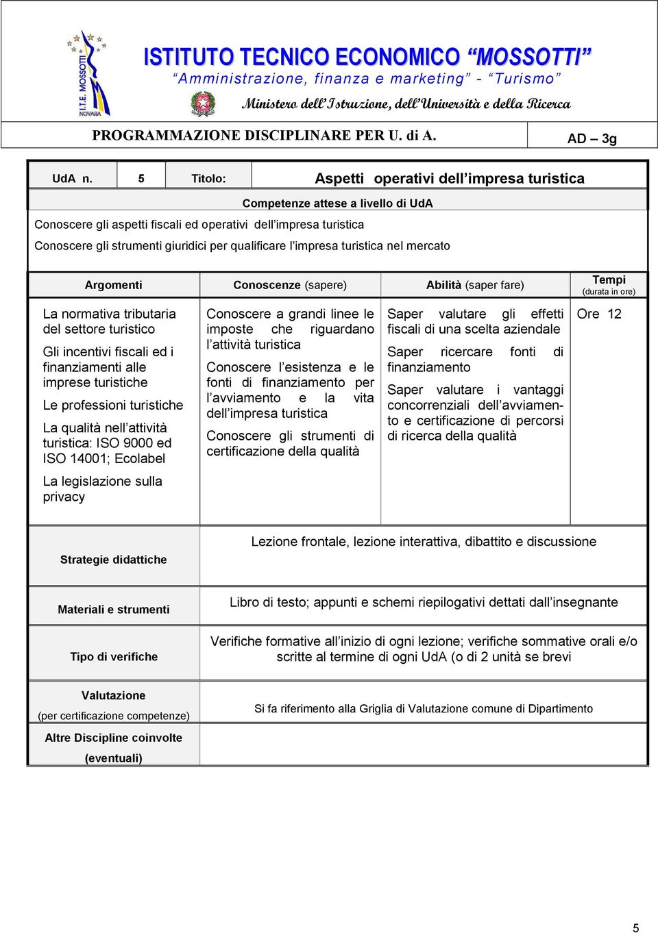 La normativa tributaria del settore turistico Gli incentivi fiscali ed i finanziamenti alle imprese turistiche Le professioni turistiche La qualità nell attività turistica: ISO 9000 ed ISO 14001;