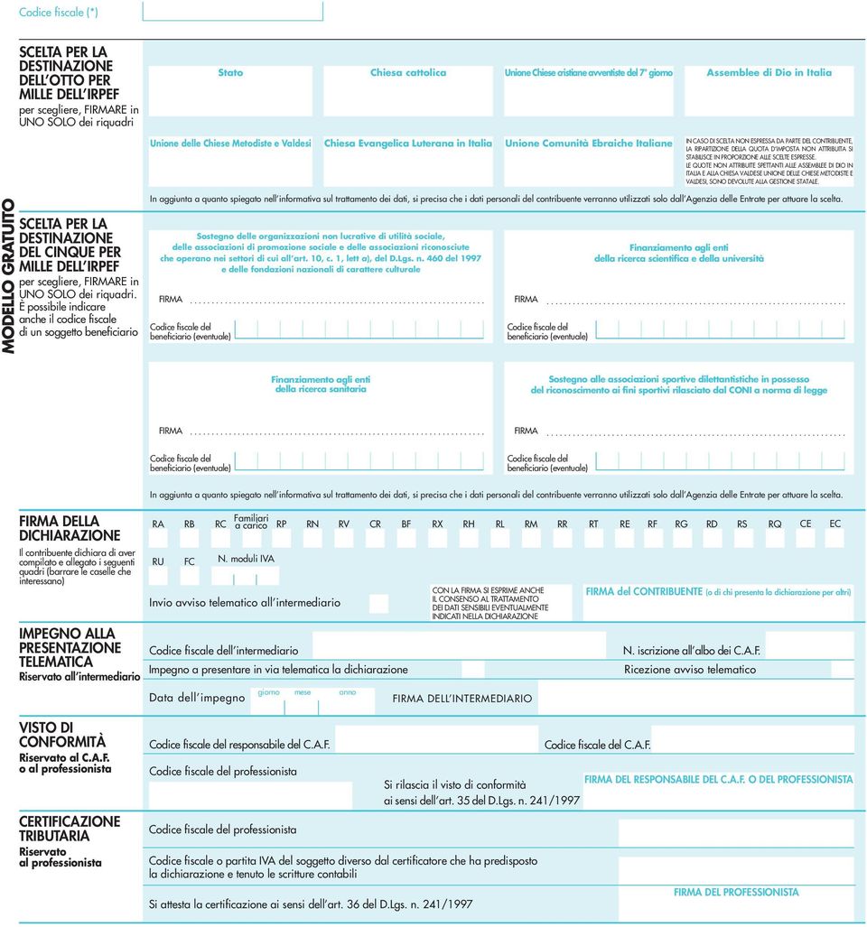 È possibile indicare anche il codice fiscale di un soggetto beneficiario Unione delle Chiese Metodiste e Valdesi Chiesa Evangelica Luterana in Italia Unione Comunità Ebraiche Italiane IN CASO DI