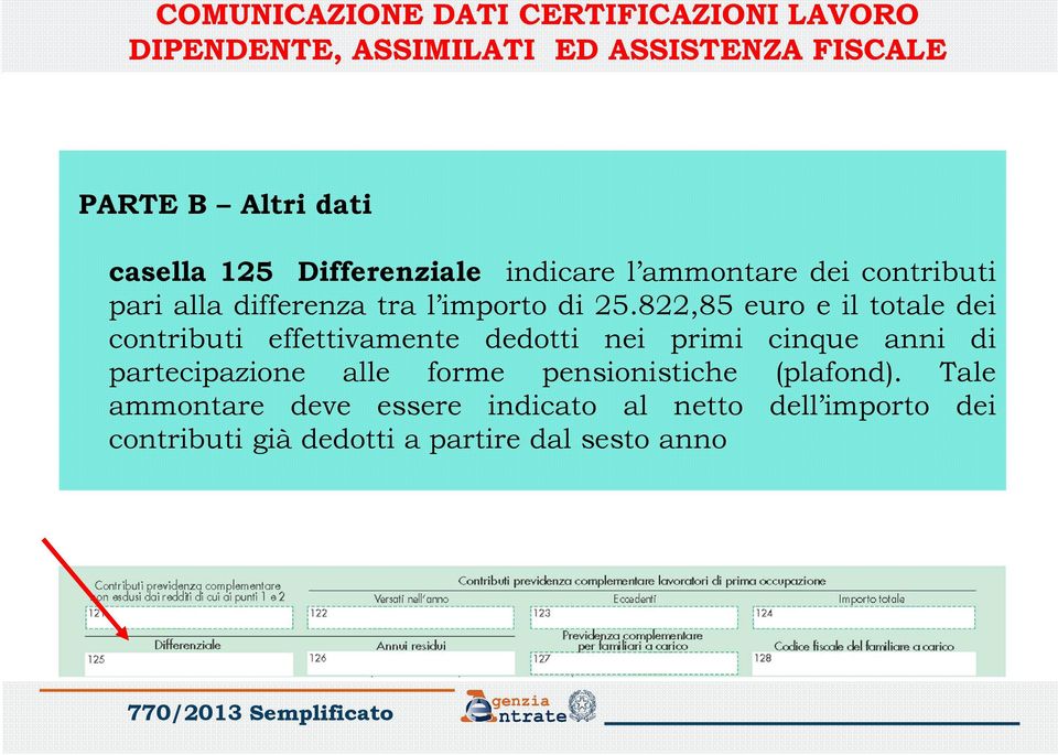 822,85 euro e il totale dei contributi effettivamente dedotti nei primi cinque anni di