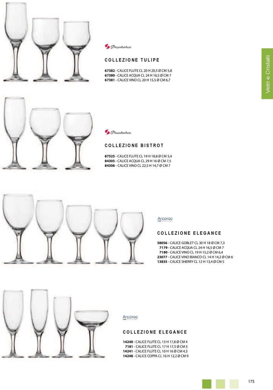 GOBLET CL 30 H 18 Ø CM 7,3 7179 - CALICE ACQUA CL 24 H 16,5 Ø CM 7 7180 - CALICE VINO CL 19 H 15,2 Ø CM 6,4 23077 - CALICE VINO BIANCO CL 14 H 14,2 Ø CM 6 13835 - CALICE SHERRY CL 12 H 13,4 Ø CM 5