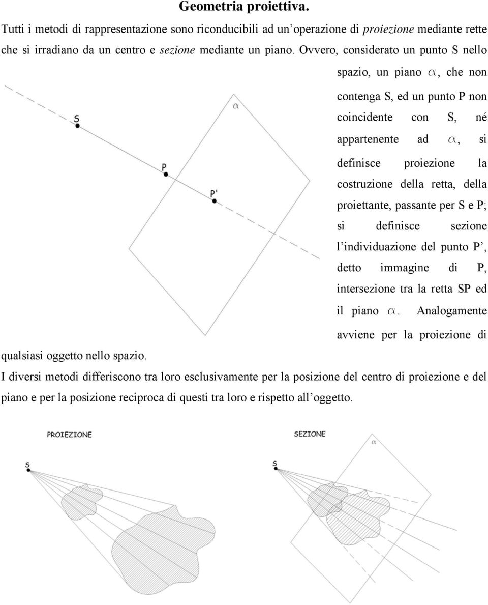 proiettante, passante per S e P; si definisce sezione l individuazione del punto P, detto immagine di P, intersezione tra la retta SP ed il piano a.