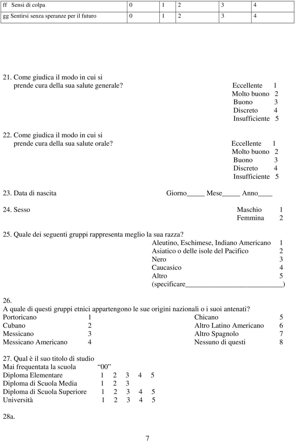 Data di nascita Giorno Mese Anno 24. Sesso Maschio 1 Femmina 2 25. Quale dei seguenti gruppi rappresenta meglio la sua razza?