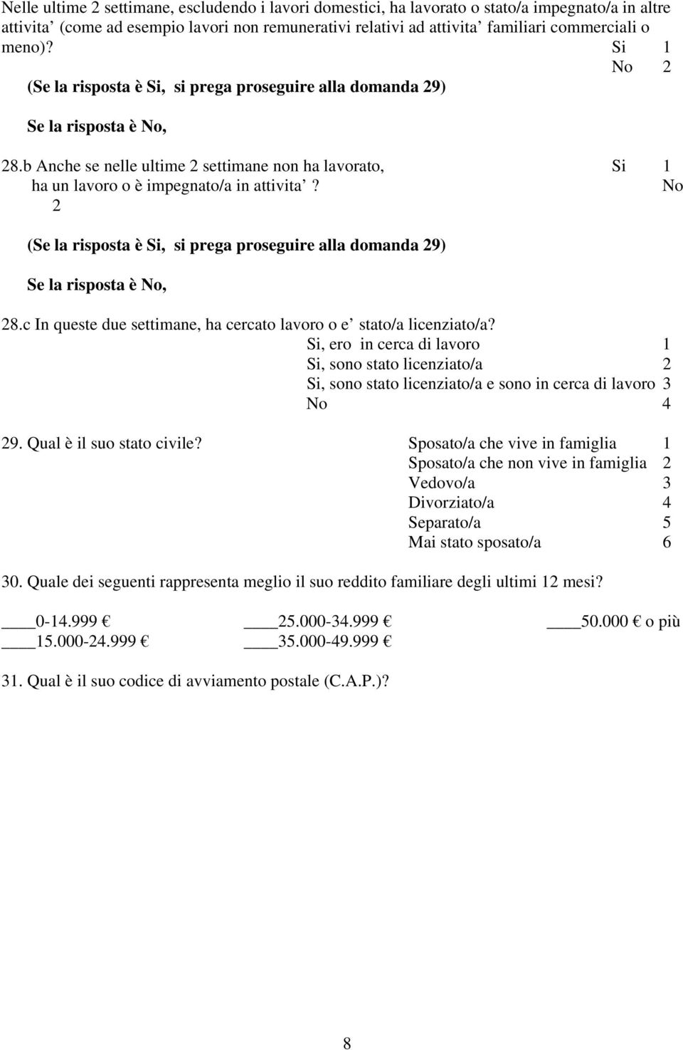 No 2 (Se la risposta è Si, si prega proseguire alla domanda 29) Se la risposta è No, 28.c In queste due settimane, ha cercato lavoro o e stato/a licenziato/a?